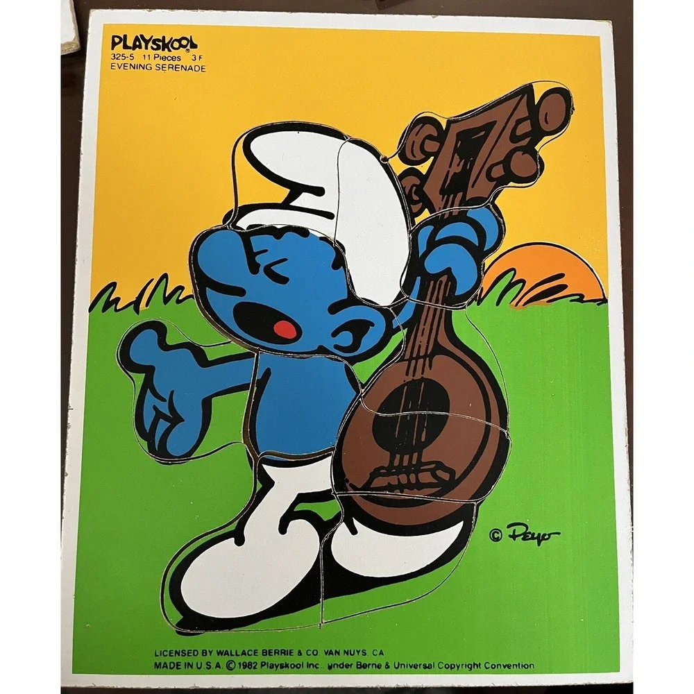 VTG Playskool Smurf Evening Serenade Wooden Jigsaw Puzzle 325-5 Smurfs 11 Piece